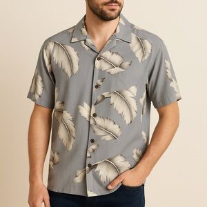 Men’s Short-Sleeve Hawaiian/tropical Button-Up Gray‎ Palm Leaf Print Shirt
